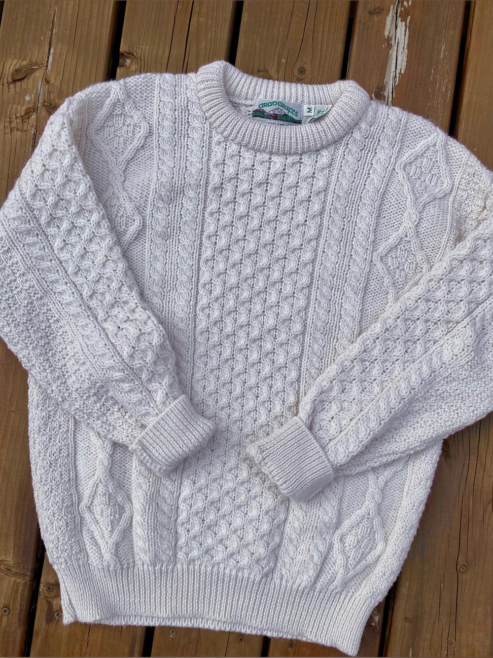 ARAN CRAFTS made in Ireland wool fisherman knit cream crewneck sweater medium
